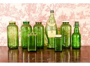 Collection Of Green Glass Jars & Bottles