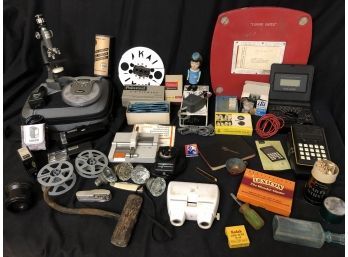 Box Lot Akai Memorex Teac Polaroid Shuttlecocks Sakar Hook Bottle Microscope Micronta Europe United Edu Film