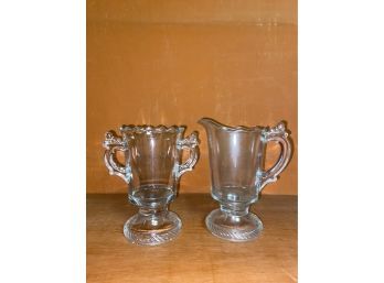 Glass Cream And Sugar Set With Lion On Handle