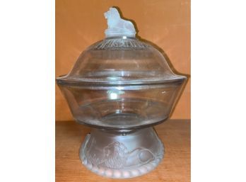 Frosted Lion Glass Candy Dish With Lid 8x10