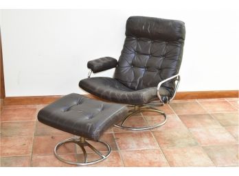 MCM Made In Norway Reclining Chrome And Black Leather Chair With Ottoman, Chair Is 33x2638, Ottoman 21x17