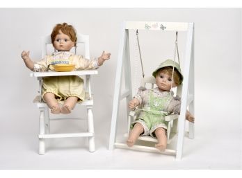 Pair Of Danbury Mint Porcelain Baby Dolls In High Chair And Swing