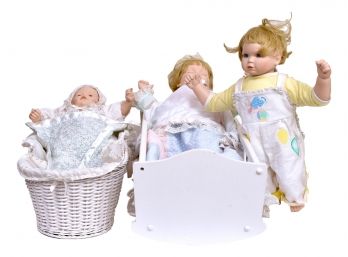 Three Danbury Mint Baby Dolls With Cradle And Basket