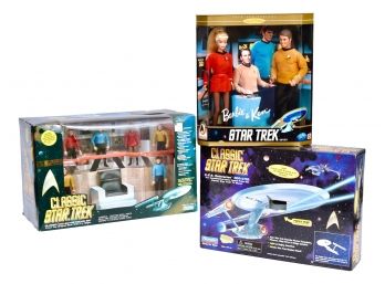 NEW! Classic Star Trek Collector Figure Set, U.S.S Enterprise NCC-1701 And Barbie And Ken Star Trek Dolls