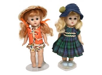 Pair Of Ginny Vogue Dolls - Swimsuit With A Life Vest And Plaid Dress, Circa 1950's