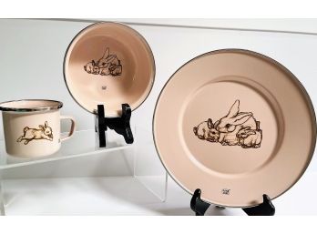 Golden Rabbit 3 Pc Set Tin Enamel PINK Child  Dinnerware Set Plate, Bowl, Cup With Handle NO CHIPS