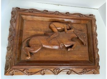 Large 22' Solid Wood Carved Wall Decor Horse & Rider Sculpture- Heavy!