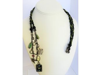 Peyote Bird Leather & Green Beads Necklace With Sterling Fetish Charms