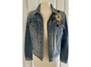 Lucky Brand VINTAGE Short Cotton Denim Jean Jacket Embroidered Size L FITS LIKE A MEDIUM