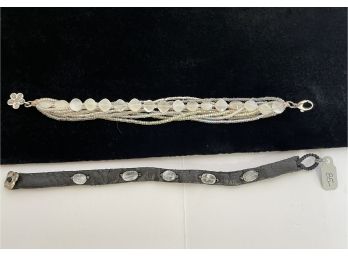 2 Peyote Bird Moonstone Bracelets: One With Original $85 Tag Black Leather, White Beads & Moonstone