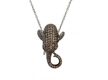 18K White Gold Marked 750 Chain 16 In. 14K Gold Ground Champagne Diamond Elephant Head Charm 9 Gr. Weight