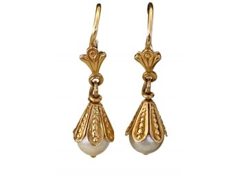 Vintage 18 K Yellow Gold Pearl Drop Earrings 1 Inch Length ( READ DESCRIPTION)