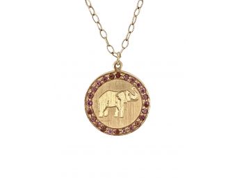 14K Yellow Gold 18 In. Chain And 14K Elephant Disc-Charm Surrounded By Pink Sapphires 8 Grams