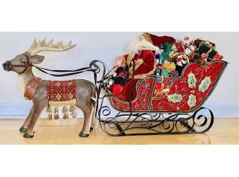 LARGE Wrought Iron Base Resin Christmas Santa  Sleigh & Reindeer Leather Reins 48 In. Length  Total