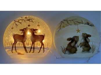 2 Flattened Sphere Christmas Animal Glass Lights One Has Original String Of Lights  9 In. X 10 In.