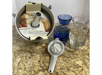 Baking Lot- 16c. Nordic Ware Angel Food Pan, Foley Juicer, Anchor Hocking #1034 Cobalt & Clear Custard Cups