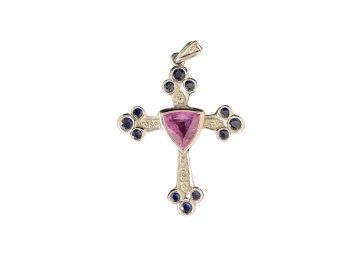 18K White Gold Cross Charm With Pink Center Sapphire And Blue Sapphires 1.25' L