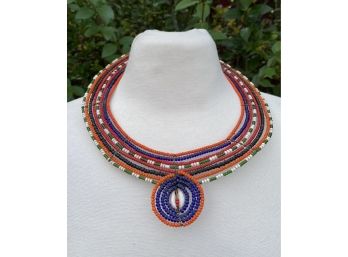 1990 Era Maasai Ceremonial Ethnic Trible Necklace Kenya 10 In. Collar Shell Center