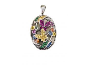 14K White Gold Pendant Mixed Color Sapphires Mother Of Pearl Backing Marked BJC 1.5' Length 10 Grams