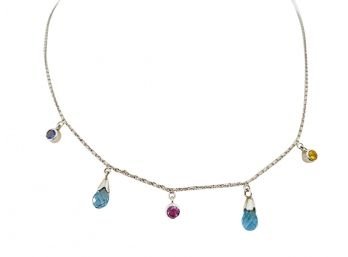 Vintage 14K White Gold And Mixed Blue, Pink, Yellow Sapphire Chain Necklace 18 In. Weight Is 7 Grams