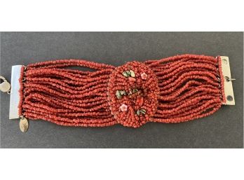 Vintage MALEE Coralia Red Coral Beaded Multi Strand Bracelet With Semi Precious Stone Center Embellishment