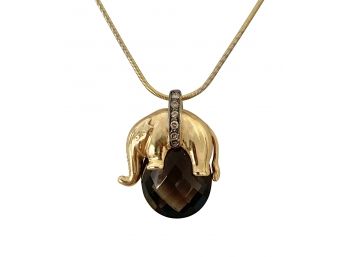 18 K Yellow Gold Marked 750 Chain 16 In. L  And 1 In. Elephant With Smokey Quartz Pendant 11 Grams Weight