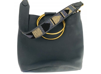 Bush Princess Nairobi Kenya Ethically Sourced Leather Blue Handbag Double Gold Handles Hand Beaded Strap