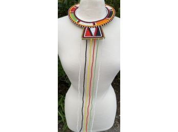 1990 Era Maasai Kenya Tribal Glass Beaded Ceremonial Necklace 20 In. Long Strands Collar 7.75 In.