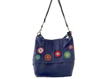 GABS Franco Gabrielli Italy Unique Blue Leather Handbag With Leather Flowers 15 In. X 13 In.