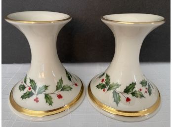 Pair Of Vintage Lenox Holiday Holly Berry 4' Candle Holders