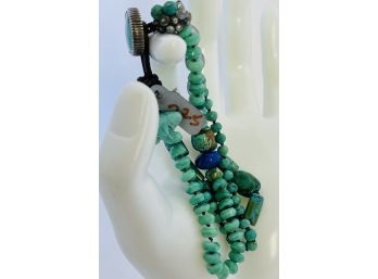 NEW Purchased From Peyote Bird 925 Sterling & Turquoise/Lapis 3 Strand Bracelet Bear Fetish Charm $225 Retail