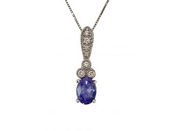 14K White Gold 16 In. Chain With .75 Inch Tanzanite And Diamond Pendant