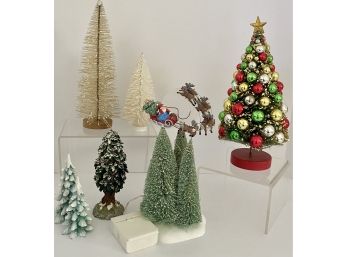 7 Piece Christmas Tree Lot: Newer Bottle Brush - Dept. 56 Ceramics, Dept. 56 Rotating Santa On 3 Trees, Others