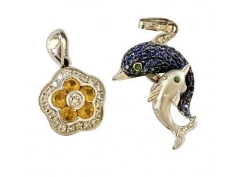 Two Small 14K Gold Charms Dolphin Blue Sapphires 1/2 Inch Length Yellow Sapphire Diamond Flower 7 Grams Weight