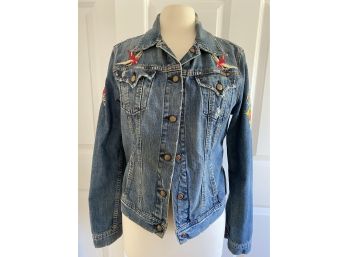 Very Vintage LUCKY Brand Distressed SHORT Jeans Denim Jacket Embroidered FITS LIKE A MEDIUM Marked XL