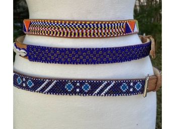 Lot Of 3 1990 Era Maasai Leather Hand Beaded Belts Measurements In Description ( READ DESCRIPTION)