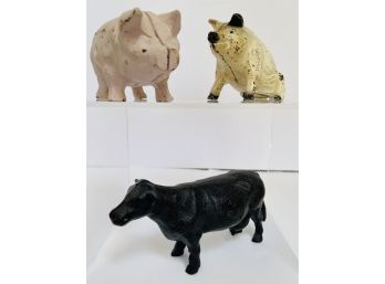 3 Cast Iron Animals: Cow, 2 Pigs (white One Is A Bank)