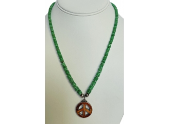 New $295 Retail Peyote Bird Green Turquoise With Coral Peace Sign Necklace-coral On Sterling Marked PB925