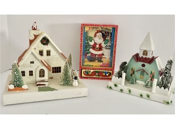 2 Newer Christopher Radko Putz Houses  1 Vintage Christmas 7' Music Box With Dancing Santa When Drawer Opens