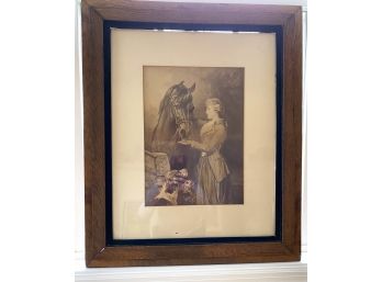 Vintage Framed Sepia Print Of A Girl With A Horse And 2 Dogs Looking On Measures 25 In. X 21 In.