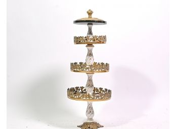 Porcelain & Brass Three Tiered Confection Stand