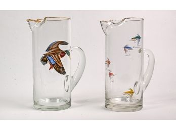 Pair Of Hand-Painted Hunting & Fishing Themed Pitchers