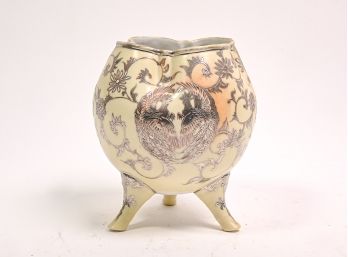 Footed Porcelain Bowl With Silver Phoenix Bird Design