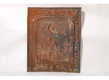 Victorian Cast Iron Decorative Fireplace Plate With Scene Of Praying Woman