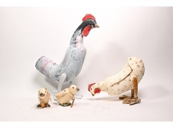 Collection Of Painted Wooden Chicken Figurines