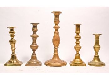 Collection Of Antique Five Brass Candlesticks