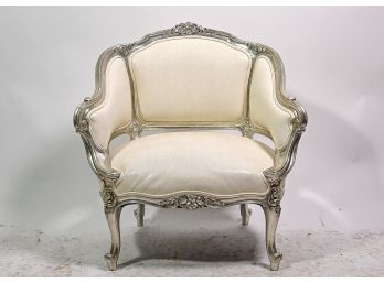 Antique French Chair With White Reptile Leather Upholstery & Platinum Finish