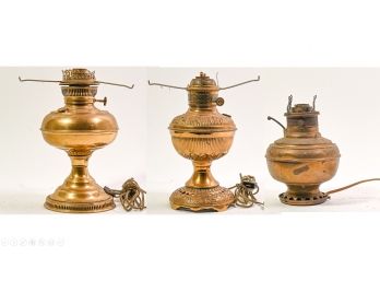 Trio Of Antique Electrified Brass Oil Lamp