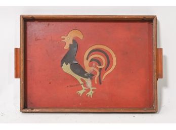 Antique French Wooden Tray With Leather Rooster Design