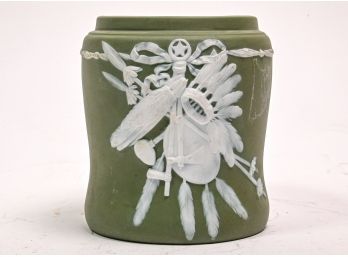 Green Jasperware Cannister With Native American Feather Design